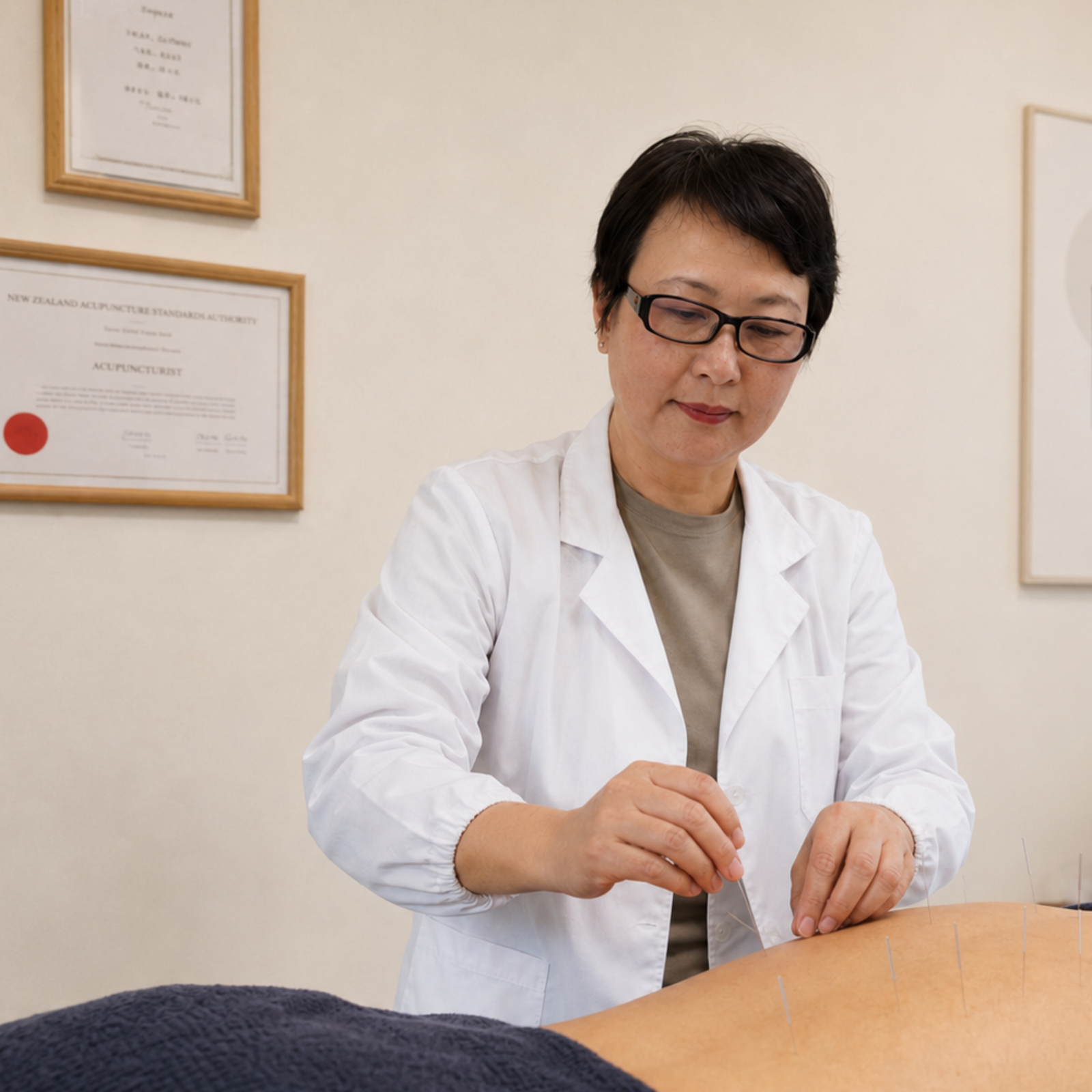 Dr. Coral Du performing acupuncture treatment at Balanced Vitality Acupuncture, Northcote, Auckland