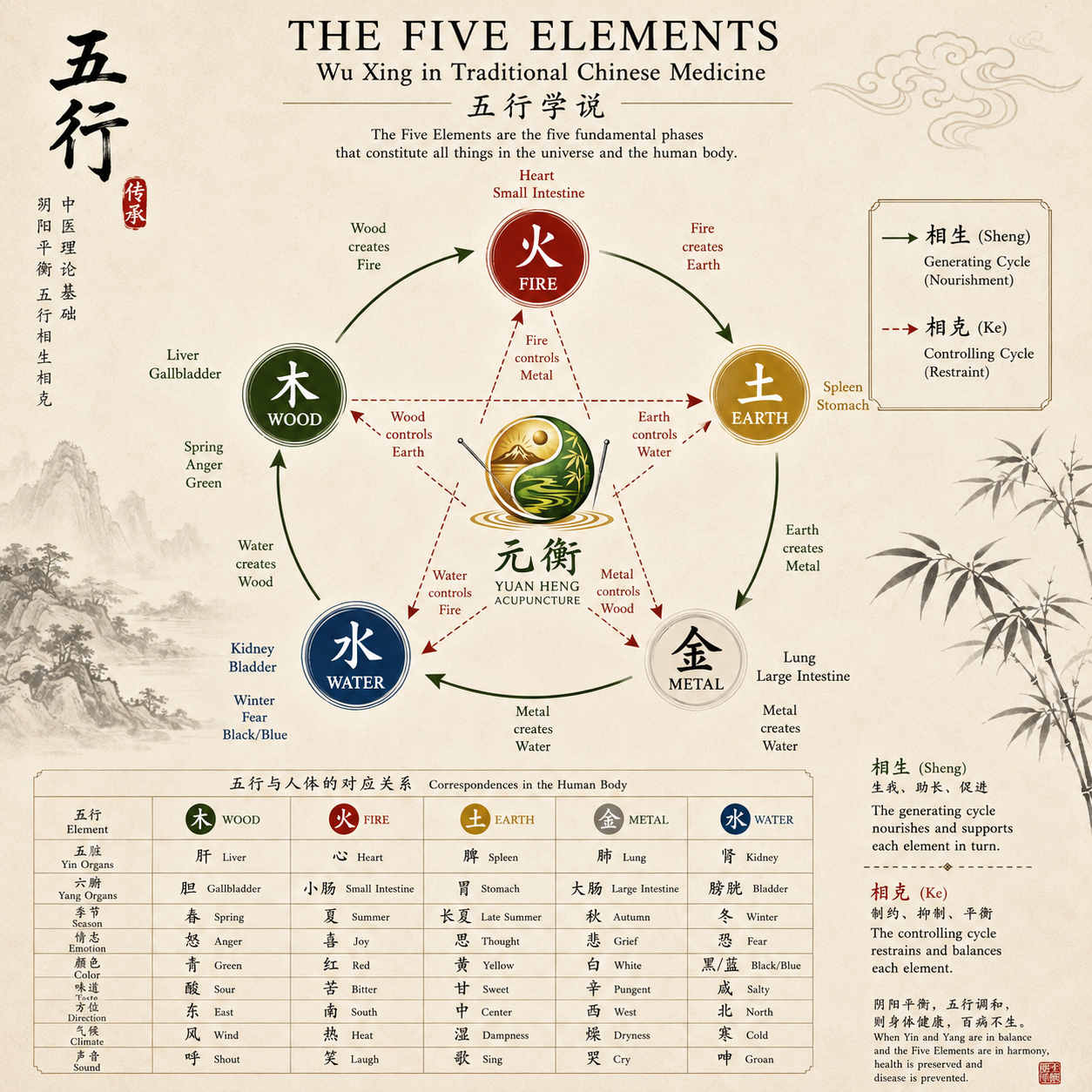 The Five Elements (Wu Xing) in Traditional Chinese Medicine, showing Wood, Fire, Earth, Metal and Water and their generating and controlling cycles