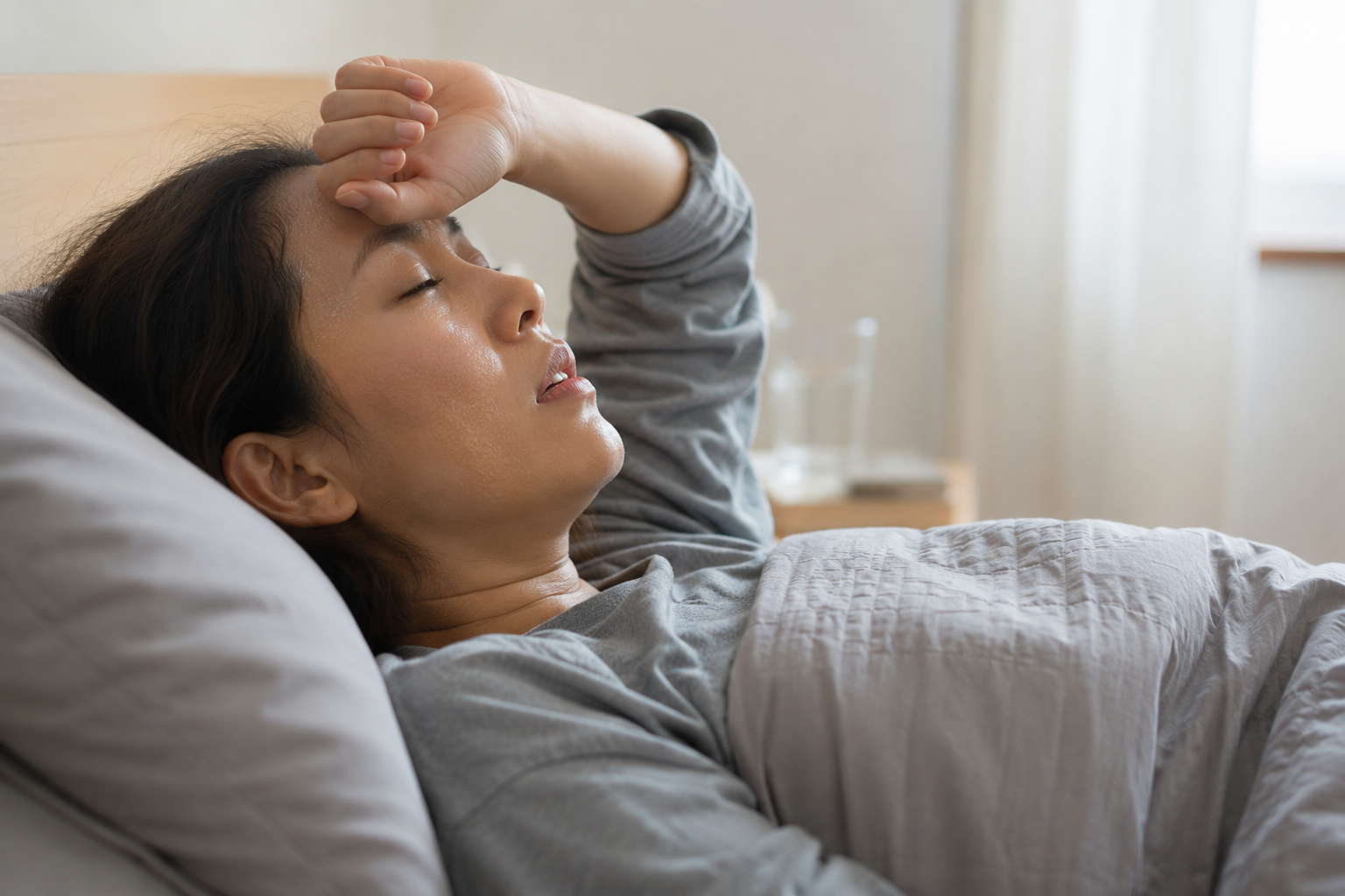 A patient resting while feeling feverish and unwell