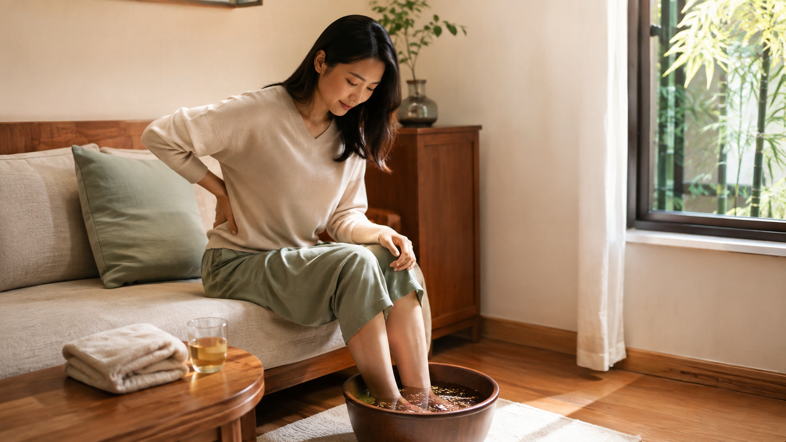 Warm water foot soak for lower back and leg discomfort